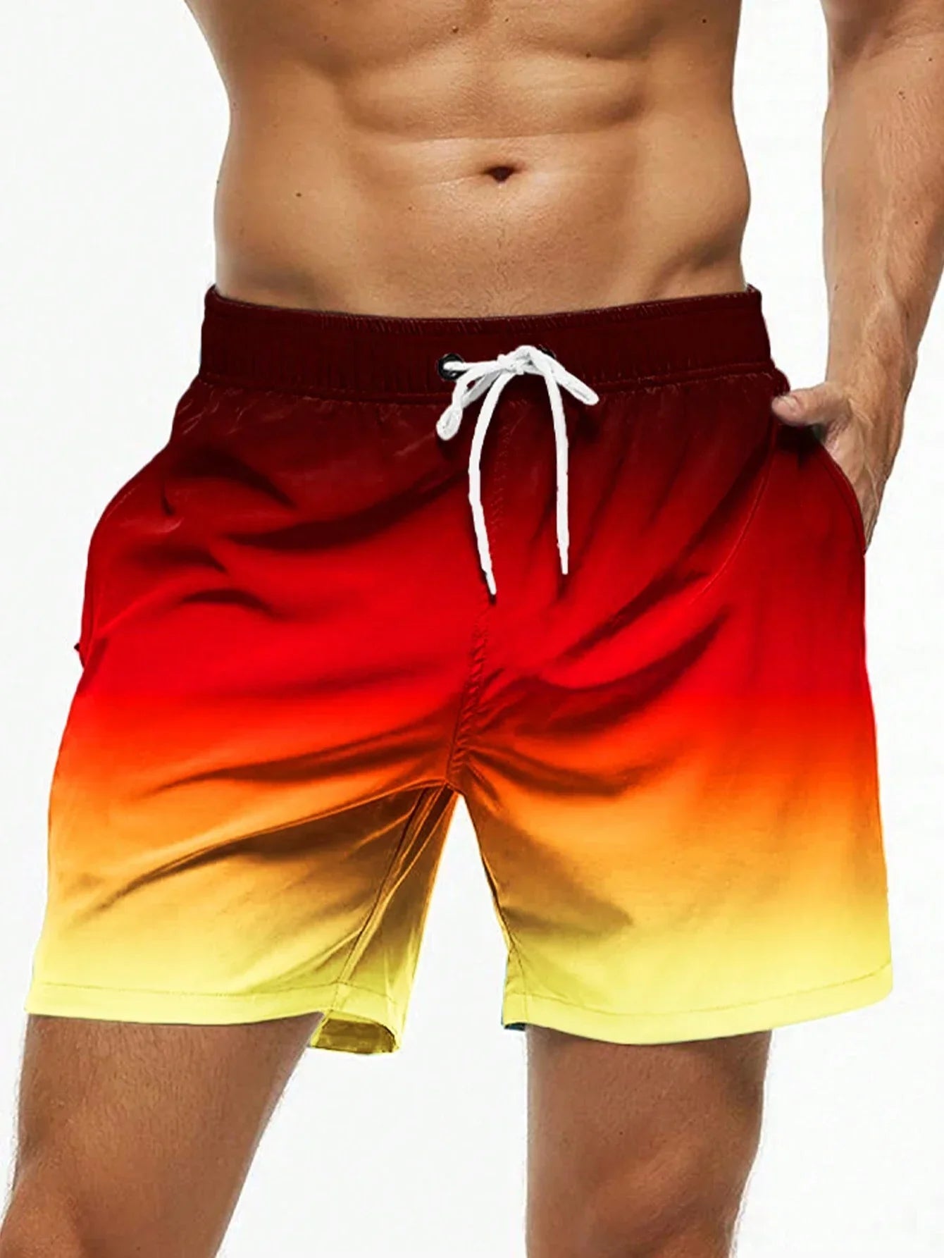 Men's Beach Shorts Gradient Color Block Drawstring Summer Men's swim Trunks Elastic Waist 3D Print Breathable Short Streetwear