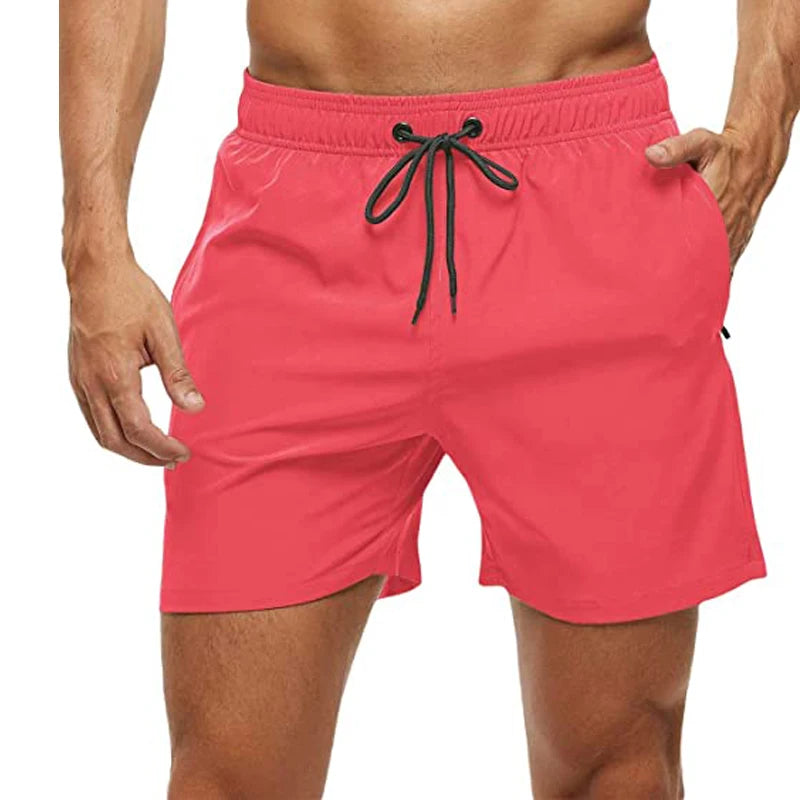 Men's Swim Trunks Quick Dry Beach Shorts, Elastic Closure Swimming Shorts with Zipper Pockets and Mesh Lining