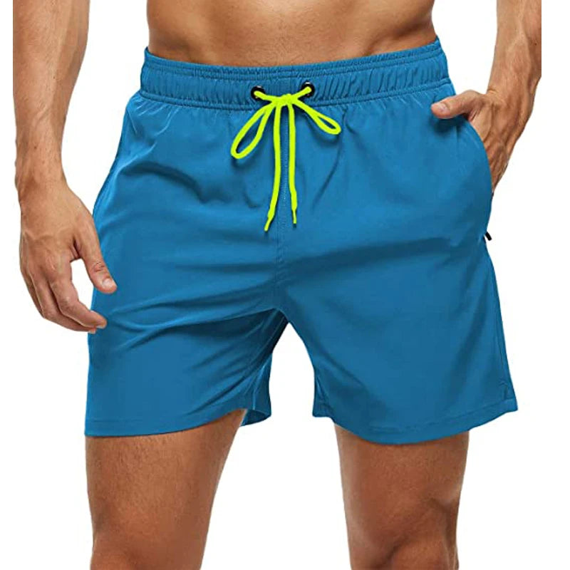 Men's Swim Trunks Quick Dry Beach Shorts, Elastic Closure Swimming Shorts with Zipper Pockets and Mesh Lining