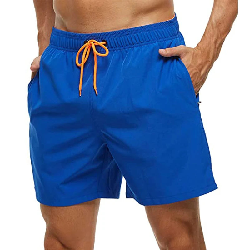 Men's Swim Trunks Quick Dry Beach Shorts, Elastic Closure Swimming Shorts with Zipper Pockets and Mesh Lining