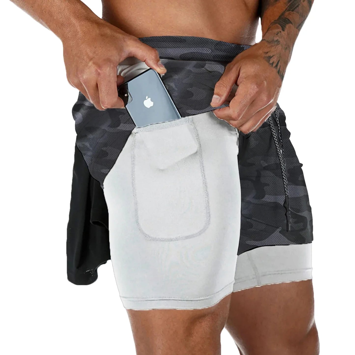 Men 2 in 1 Sport Running Shorts Summer Athletic Gym Workout Performance Shorts with Towel Loop Pockets Quick Dry Fitness Apparel
