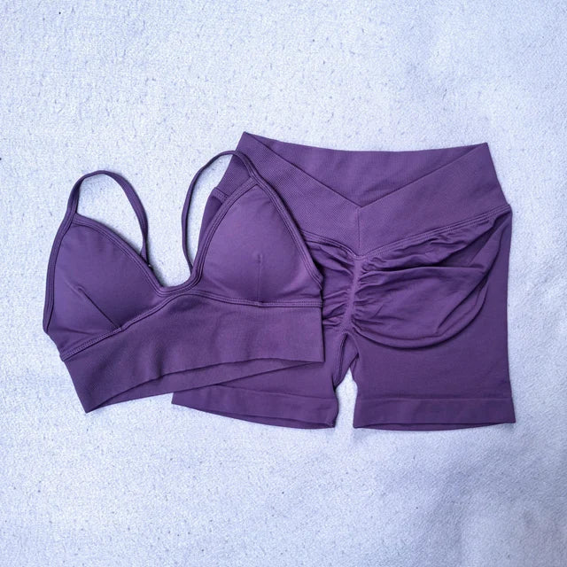 Scrunch Seamless Yoga Set Women Strappy Yoga Bra Top Low Waist Workout Shorts Sports Suit 2 Pieces Gym Set Fitness Clothes