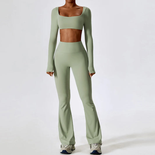 2 Pieces Women Tracksuit Yoga Set Workout Sportswear Gym Clothing Fitness Long Sleeve Crop Top High Waist Leggings Sports Suits