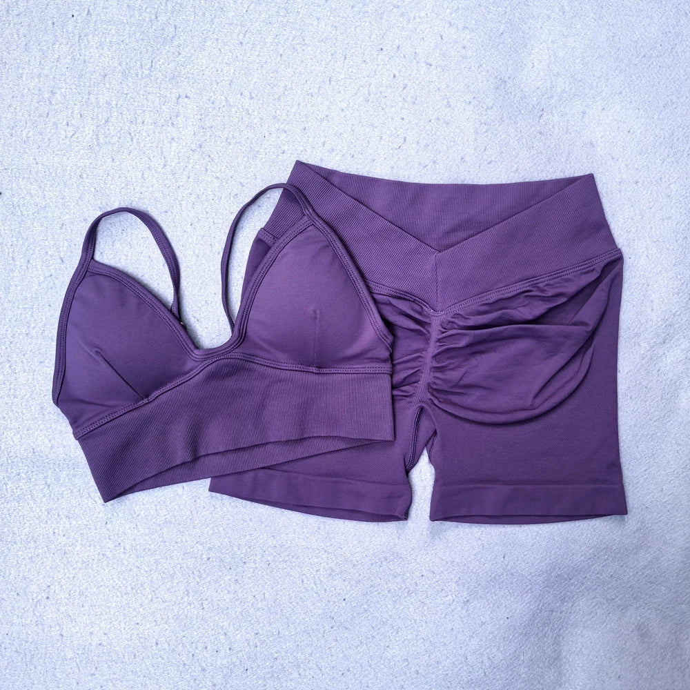 Scrunch Seamless Yoga Set Women Strappy Yoga Bra Top Low Waist Workout Shorts Sports Suit 2 Pieces Gym Set Fitness Clothes