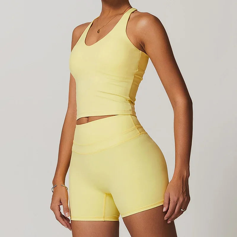 Sports Vest + Shorts 2PCS Set Gym Workout Leggings Yoga Sets Sportswear Women Fitness Outfit Running Bra Sets Womens Yoga Suit