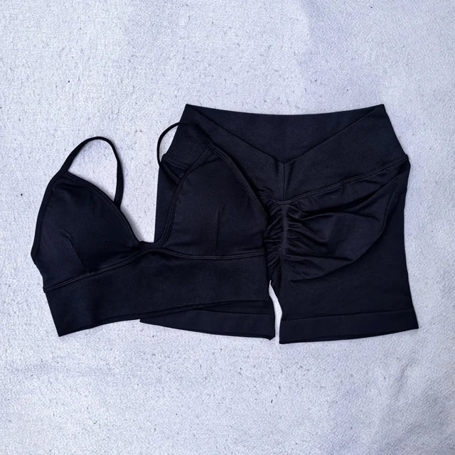 Scrunch Seamless Yoga Set Women Strappy Yoga Bra Top Low Waist Workout Shorts Sports Suit 2 Pieces Gym Set Fitness Clothes