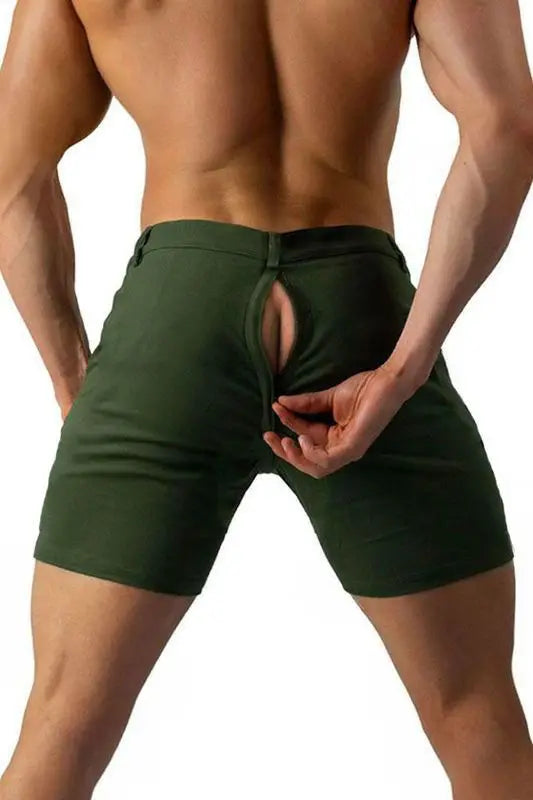 Slim-Fitting Workwear Shorts Men's Tight Sexy Men Back Invisible Zipper Gay Open Crotch Pants Outdoor Sex Convenient Short Pants