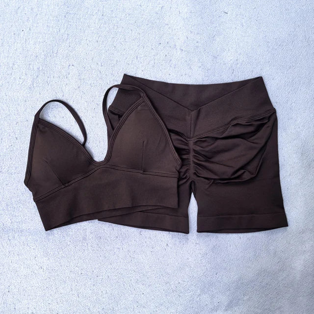 Scrunch Seamless Yoga Set Women Strappy Yoga Bra Top Low Waist Workout Shorts Sports Suit 2 Pieces Gym Set Fitness Clothes