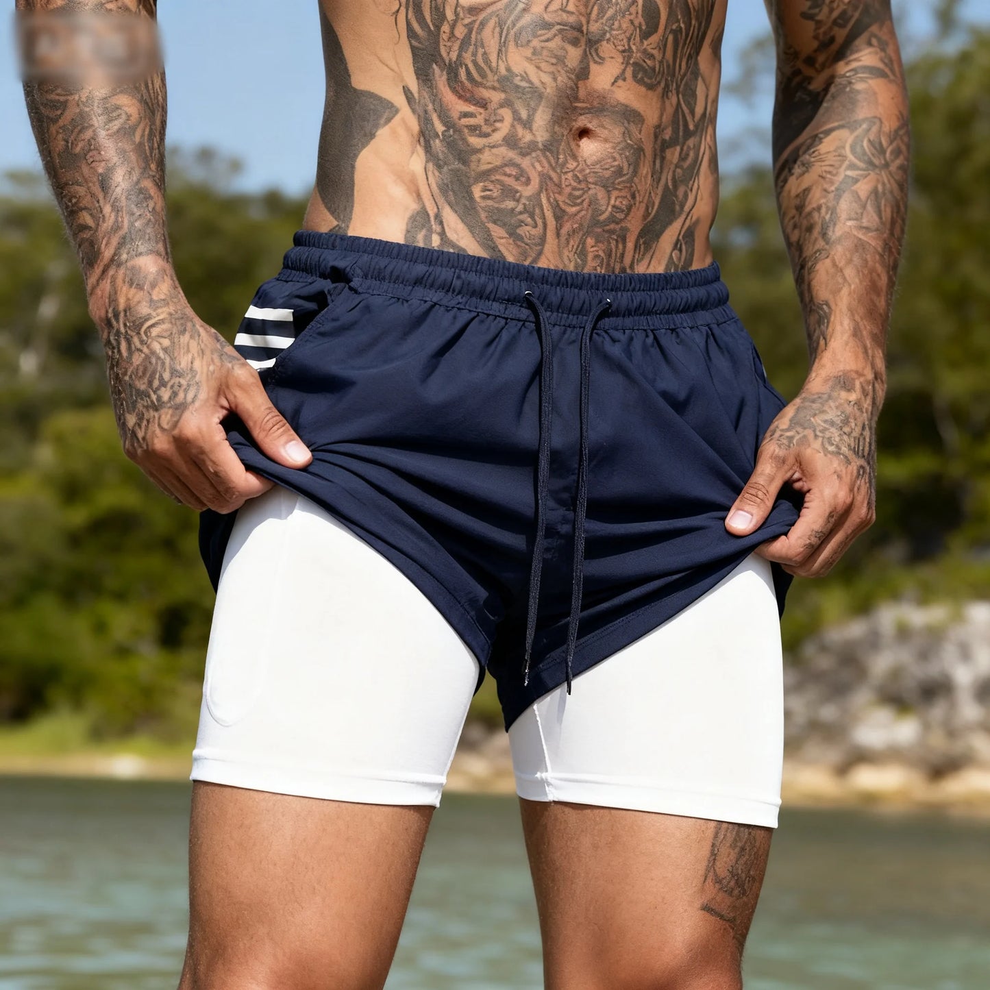 Men Sport Shorts Summer Sportswear 2 In 1 Short Pant Double-deck Training Workout Clothing Male Tight Gym Fitness Running Shorts