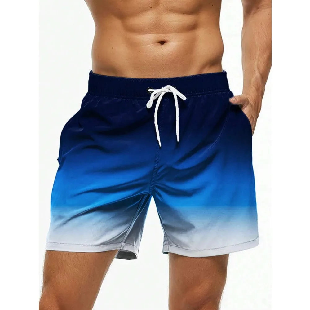 Men's Beach Shorts Gradient Color Block Drawstring Summer Men's swim Trunks Elastic Waist 3D Print  Breathable Short Streetwear