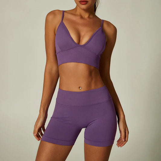 Scrunch Seamless Yoga Set Women Strappy Yoga Bra Top Low Waist Workout Shorts Sports Suit 2 Pieces Gym Set Fitness Clothes